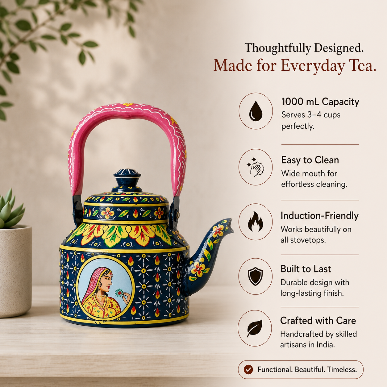 The Royal Bloom – Handpainted Stainless Steel Tea Kettle (1L)