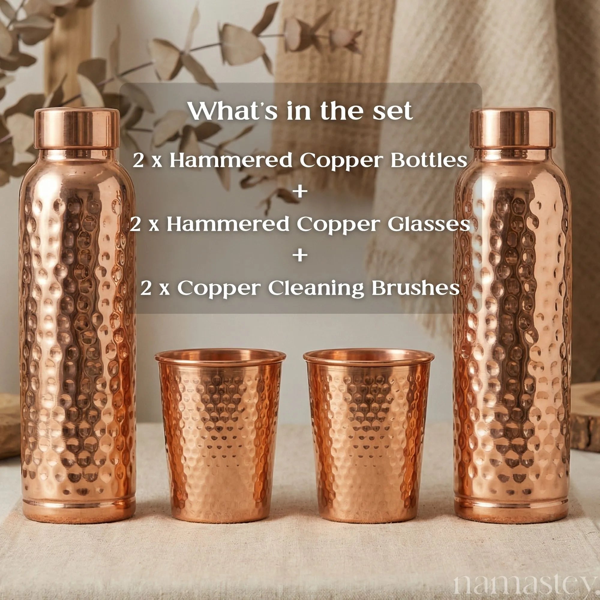 Morning Ritual set contents: 2 copper bottles, 2 copper glasses and 2 cleaning brushes
