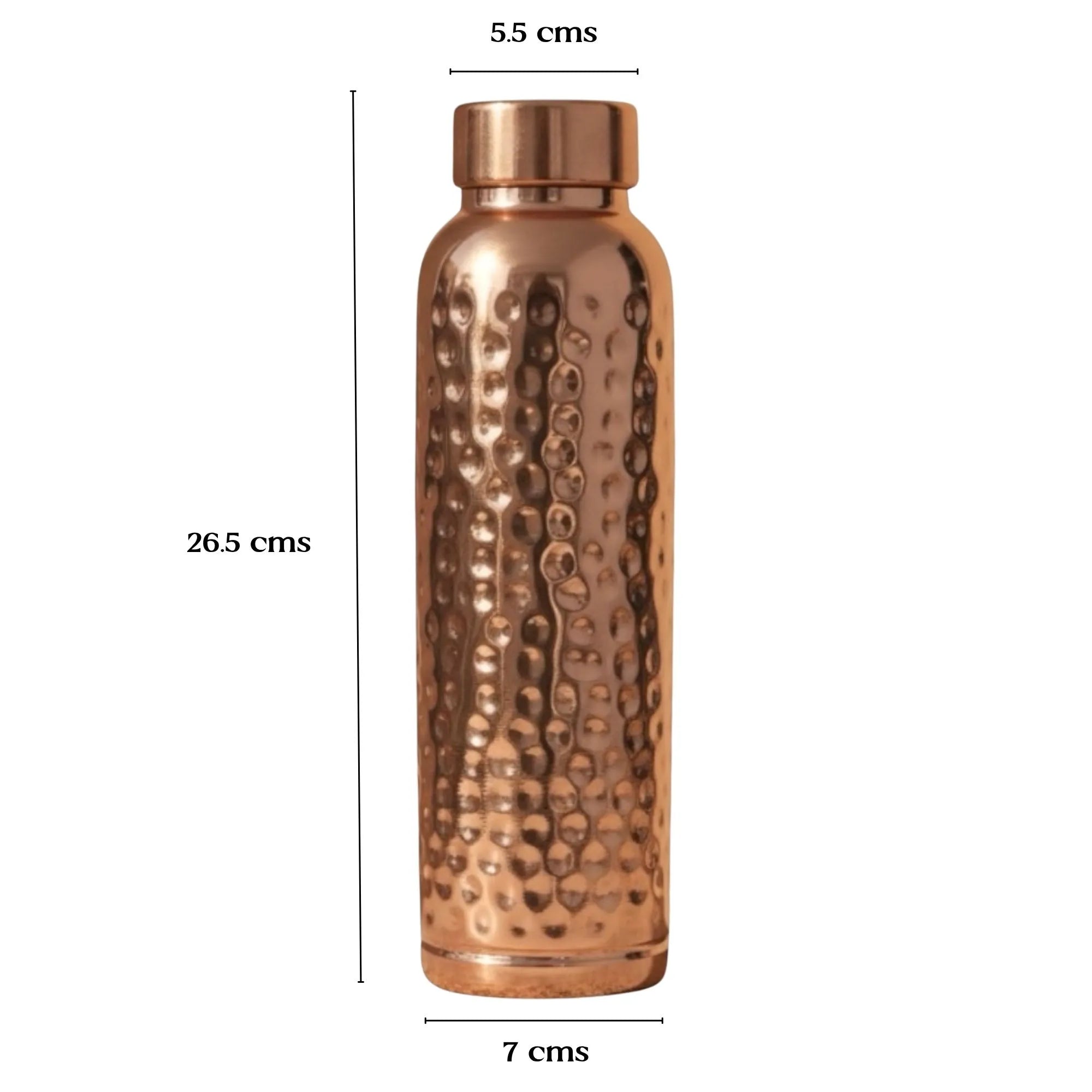 Size guide for the copper bottle: 26.5 cm height, 7 cm base and 5.5 cm neck