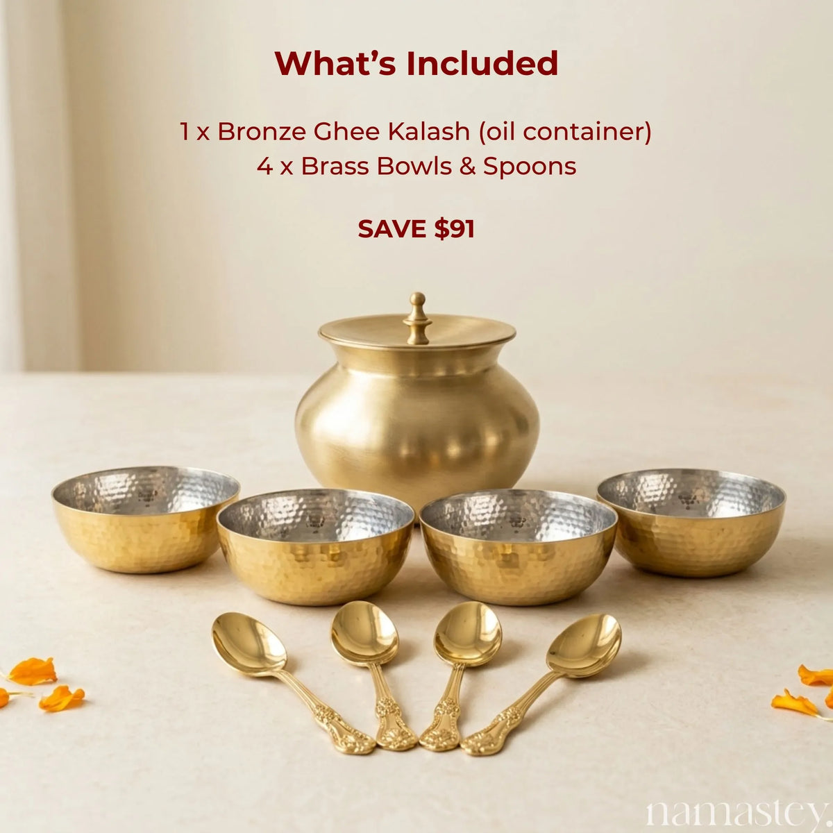 The Rasoi Set | Diwali Gift Set – Bronze Ghee Kalash, Brass Bowls & Spoons