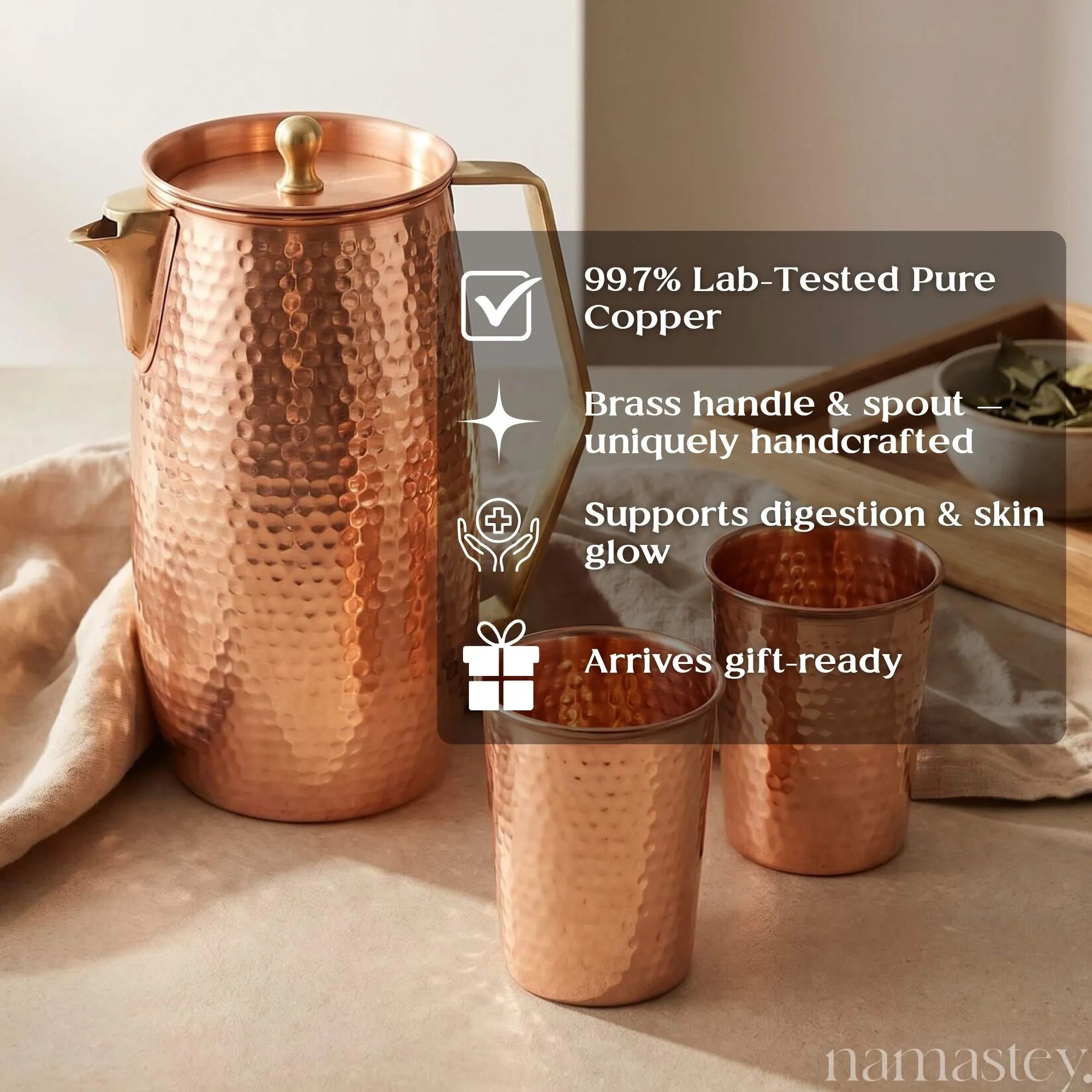 Heritage Pour feature list: lab-tested pure copper, handcrafted brass handle and spout, supports digestion