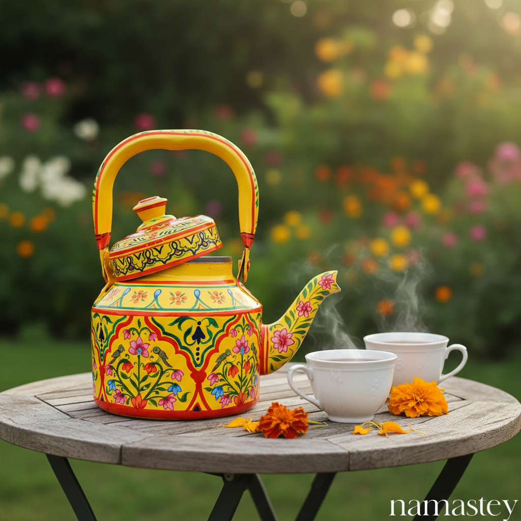 Basant Garden – Handpainted Stainless Steel Tea Kettle (1L)