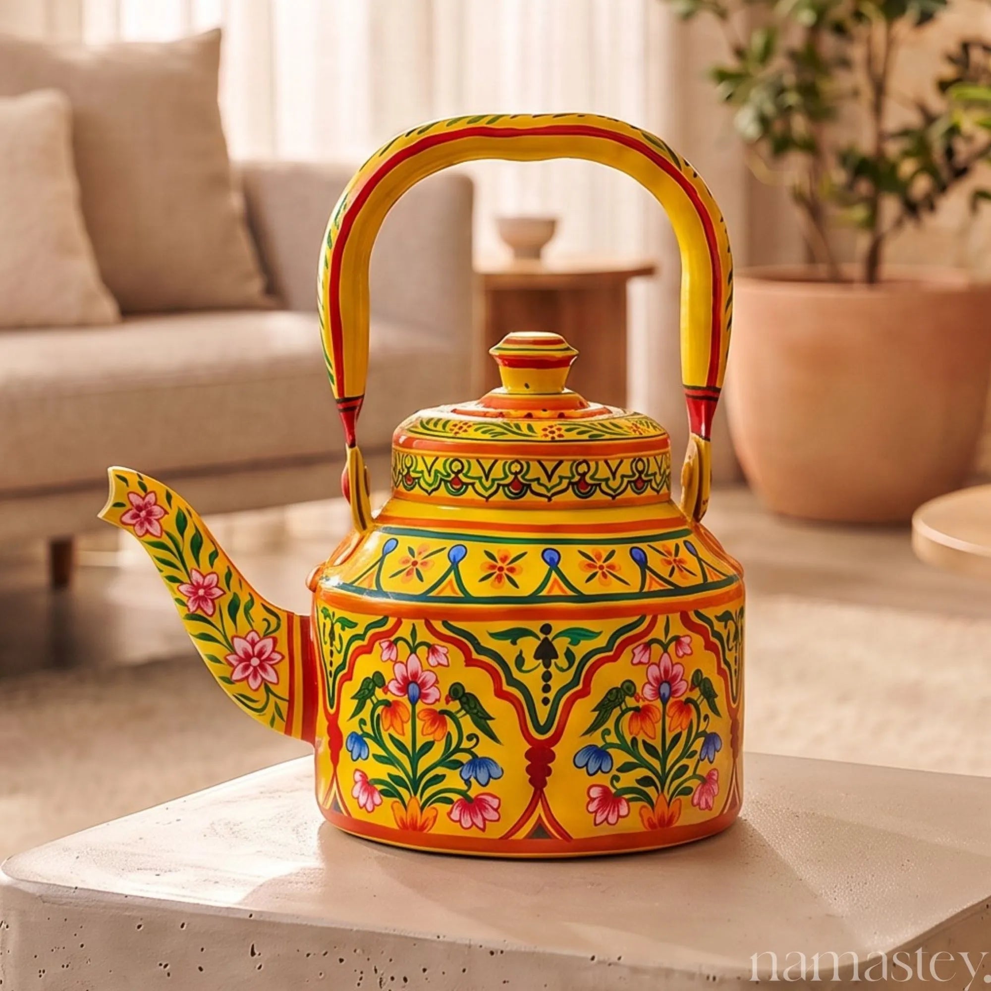 Basant Garden – Handpainted Stainless Steel Tea Kettle (1L)