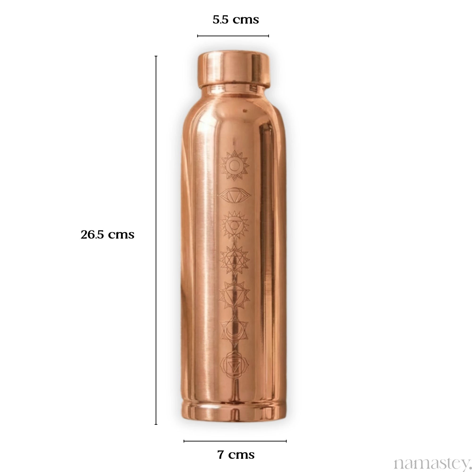 Size guide for the Chakra copper bottle: 26.5 cm height, 7 cm base and 5.5 cm neck